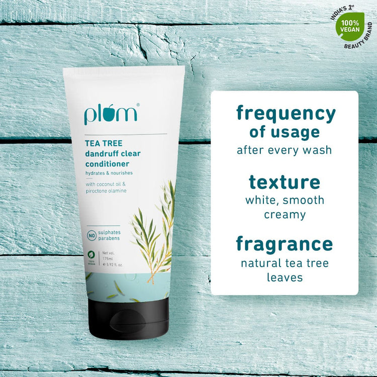 Plum Tea Tree Dandruff Clear Conditioner | With Tea Tree Oil & Coconut Oil | Removes Dandruff Flakes From Hair Strands, Detangles & Smoothens Hair | Silicone-Free | Paraben-Free| 100% Vegan