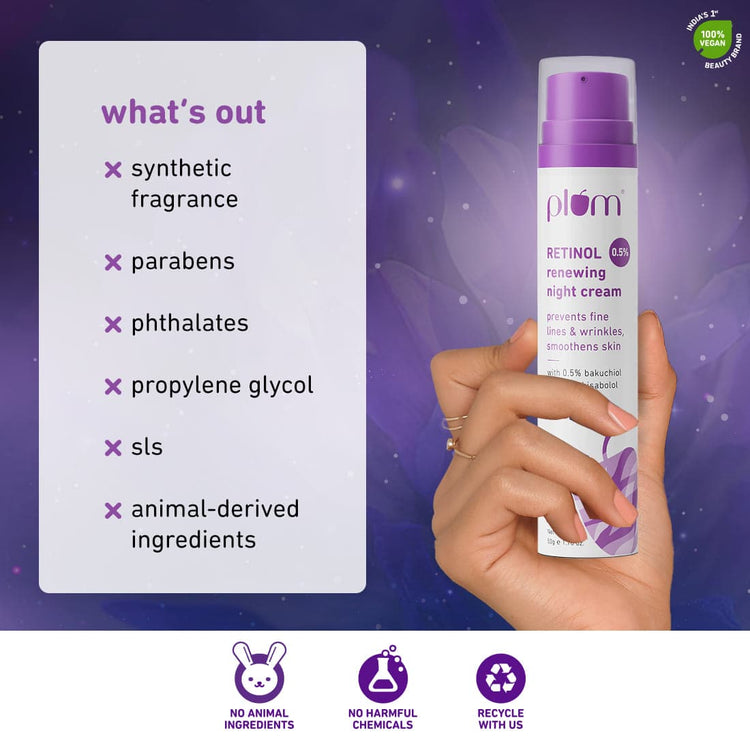 Plum 0.5% Retinol Anti-Ageing Night Cream | With 0.5% Bakuchiol & 0.8% Bisabolol | 100% Vegan & Fragrance-Free | 50 gm