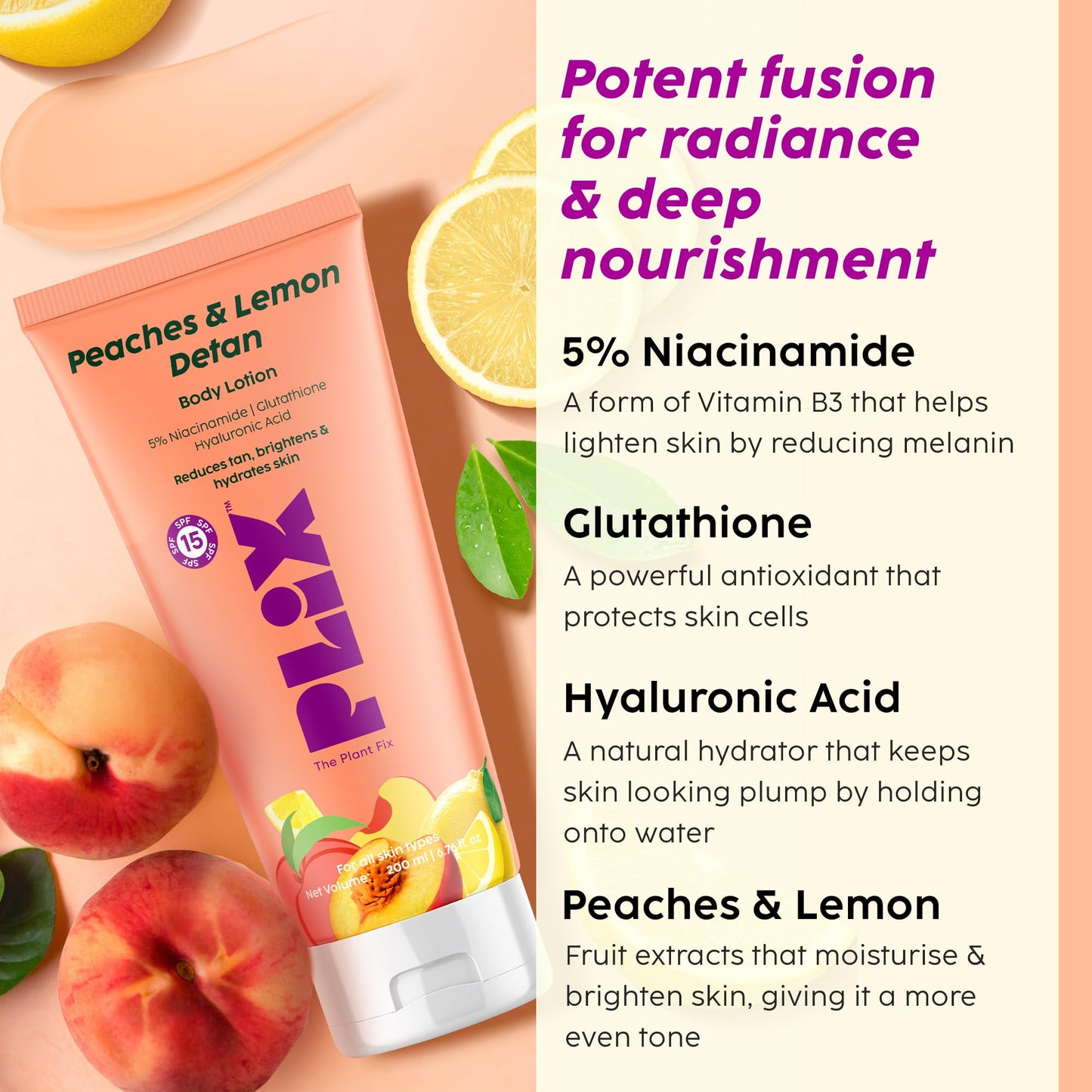 PLIX - The Plant Fix | Peaches & Lemon Detan Body Lotion SPF15 For Tan Reduction, Bright & Hydrated Skin