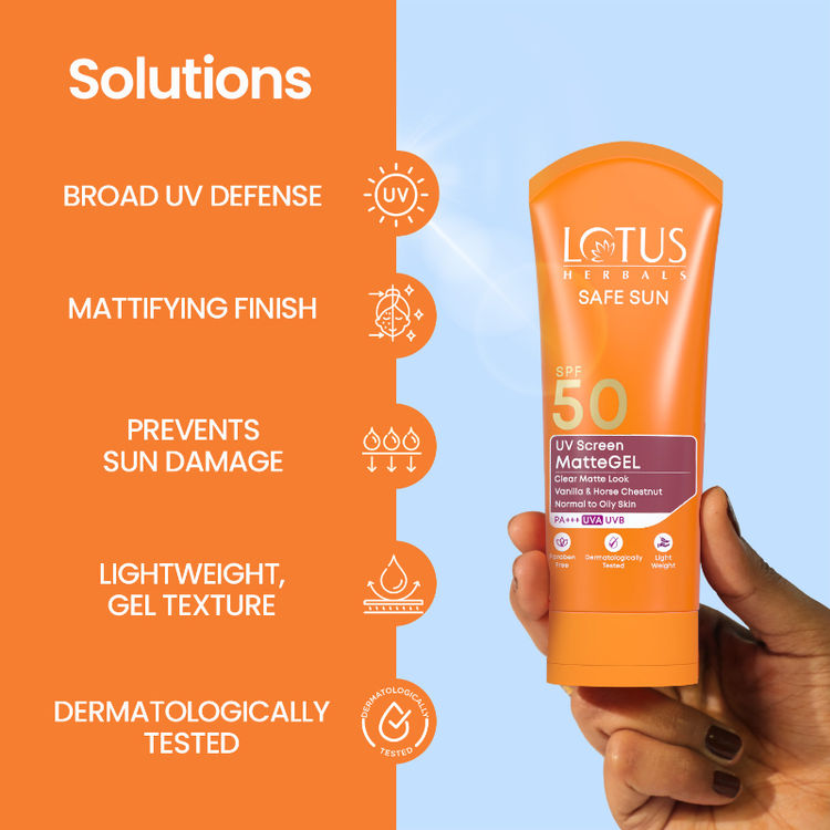 Lotus Herbals SafeSun UV Screen Matte Gel Sunscreen SPF 50 PA+++ ,Lightweight & No WhiteCast Formula (50g)