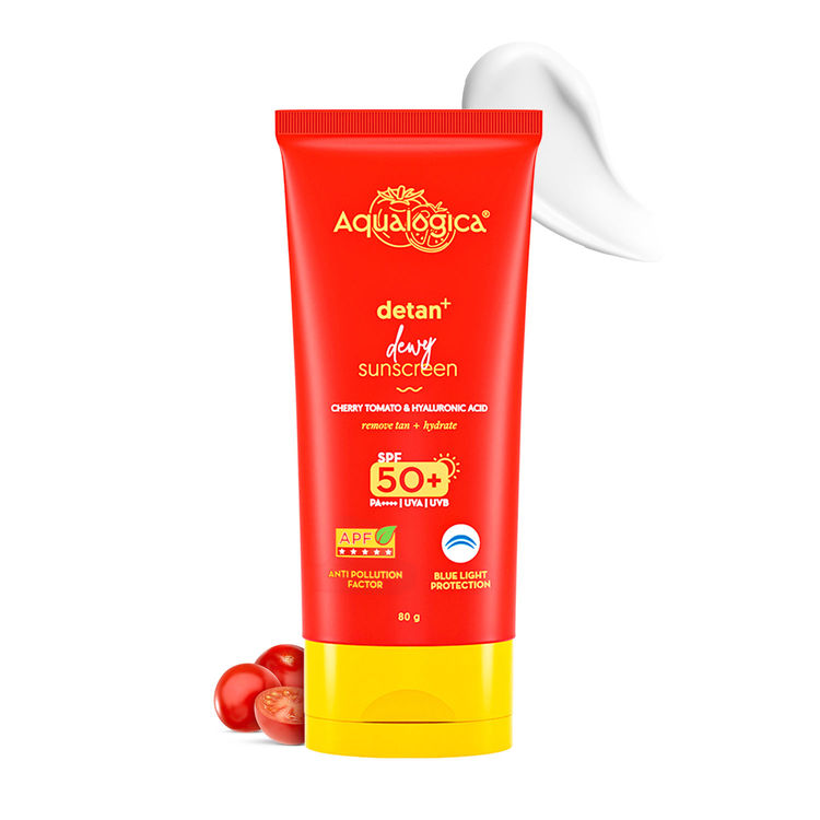 Aqualogica Detan+ Dewy Sunscreen In-Vivo Tested SPF 50+ PA++++ with Cherry Tomato & HA - 80 g