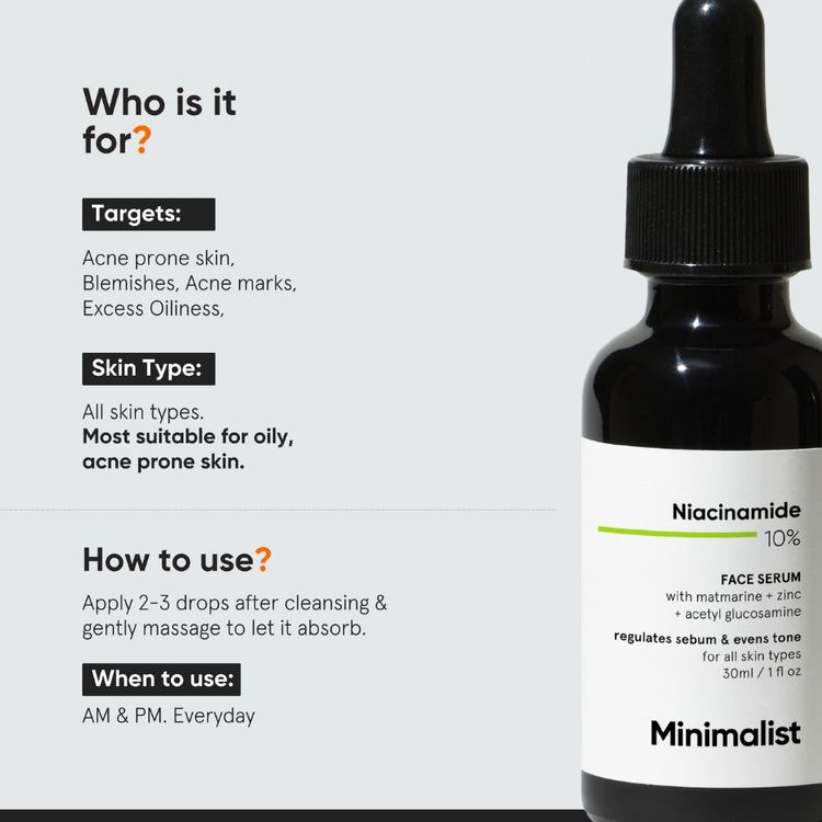 Minimalist 10% Niacinamide Face Serum With Matmarine + Zinc For Reducing Oil & Blemishes
(30ml)