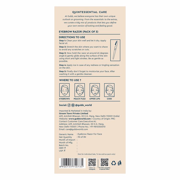 GUBB Face & Eyebrow Razor - Can Be Used On Upper Lips, Chin, Peach Fuzz, 3 pcs