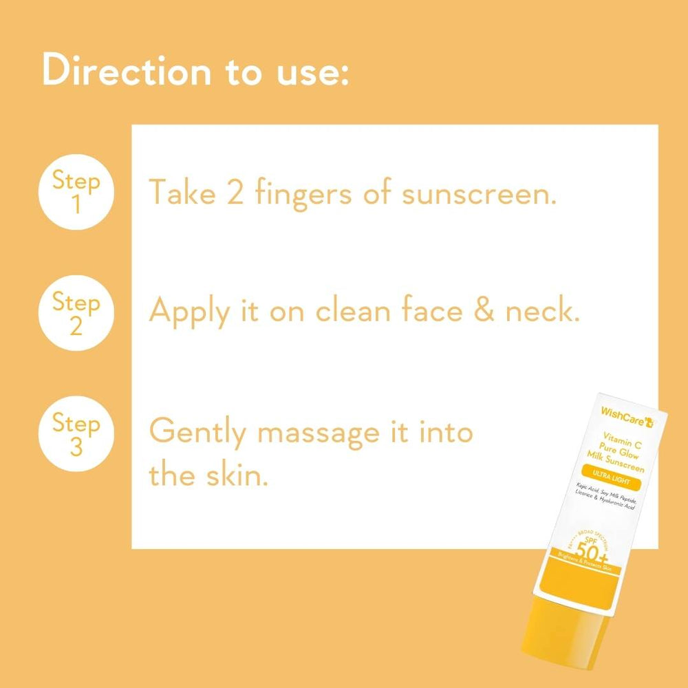 Wishcare Vitamin C Pure Glow Milk Sunscreen | SPF 50 PA++++
Lightweight Sunscreen with 8 hrs+ Sun Protection | 50gm