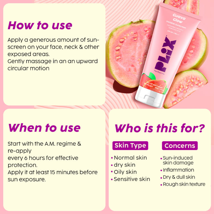 Plix SPF 50+ Guava Glow Invisible Sunscreen Gel For UV A, UV B Protection with Ceramides and Vit C (50g)