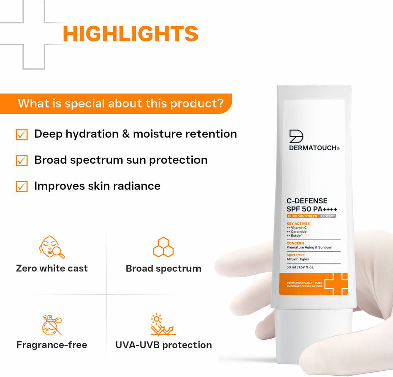 Dermatouch sunscreen spf 50 pa++++ c-defense fluid lightweight sunscreen for anti aging (50ml)