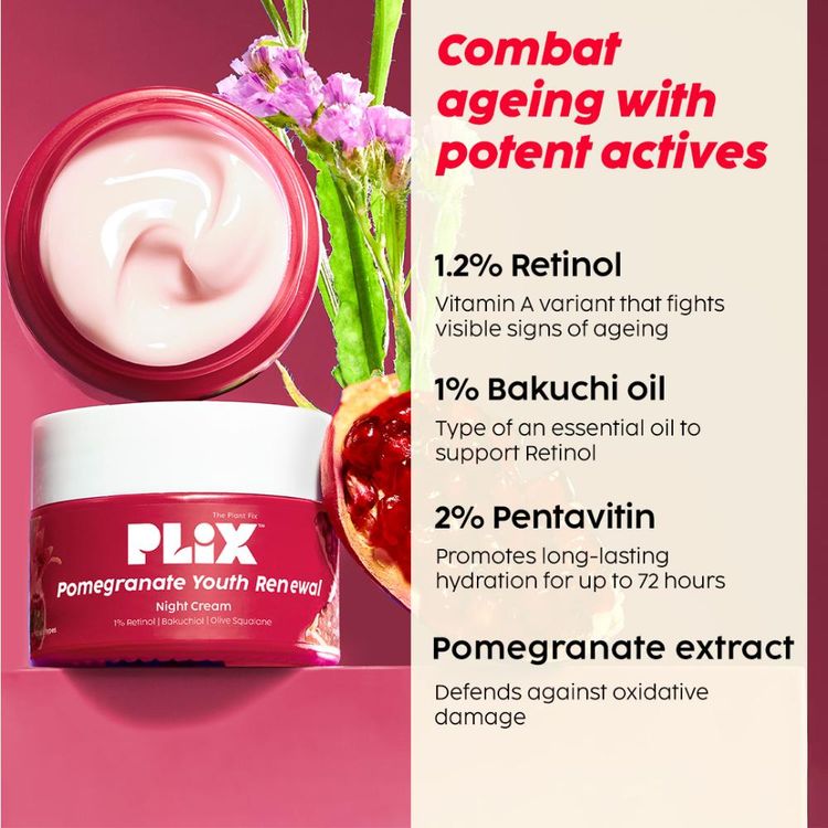 Plix 1.20% Retinol & 1% Bakuchi Oil Pomegranate Anti Ageing Night Cream, Reduce Fine Line & Wrinkles
(50 g)