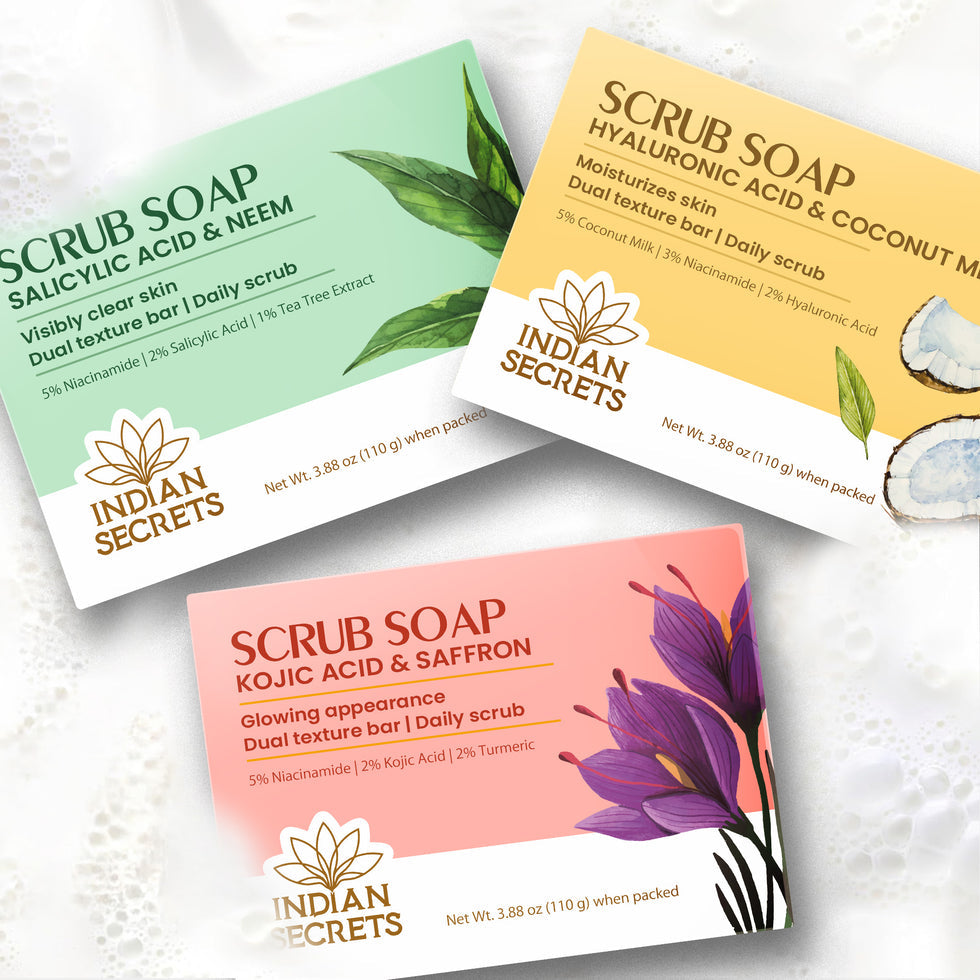 Indian Secrets Scrub Soap Kojic Acid & Saffron Pack of 3