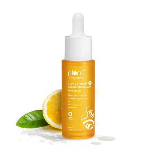Plum thinkDERMA 2% Alpha Arbutin & Hyaluronic Acid Face Serum | Fades Tan | Brightens Skin | Controls Melanin Production | With Yuzu Lemon & Licorice | Fragrance-Free | 100% Vegan | 30ml