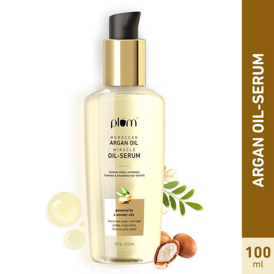 Plum Moroccan Argan Oil Miracle Oil-Serum | For Hair & Scalp | 6 Wonder Oils- Moroccan Argan, Moringa, Jojoba, Virgin Olive, Hibiscus & Castor | 100ml