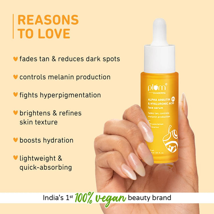 Plum thinkDERMA 2% Alpha Arbutin & Hyaluronic Acid Face Serum | Fades Tan | Brightens Skin | Controls Melanin Production | With Yuzu Lemon & Licorice | Fragrance-Free | 100% Vegan | 30ml