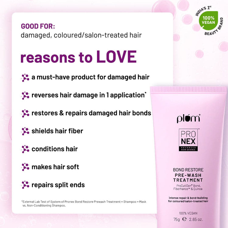 Plum ProNexᵀᴹ Bond Restore Pre-wash Treatment | With Patented Technology - Fiberhanceᵀᴹ, Procutigen® Bond & Quinoa Extract | Strengthens Damaged Hair Bonds, Deep Fiber Restoration - 75gm