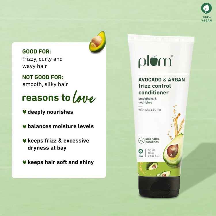 Plum Avocado & Argan Frizz Control Conditioner | With Avocado Oil, Argan Oil, Aloe Vera | For Curly, Wavy, Frizzy Hair | Silicone-Free and Paraben- Free | 100% vegan