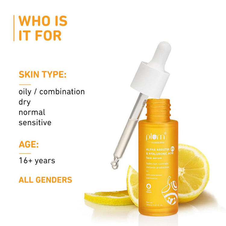 Plum thinkDERMA 2% Alpha Arbutin & Hyaluronic Acid Face Serum | Fades Tan | Brightens Skin | Controls Melanin Production | With Yuzu Lemon & Licorice | Fragrance-Free | 100% Vegan | 30ml