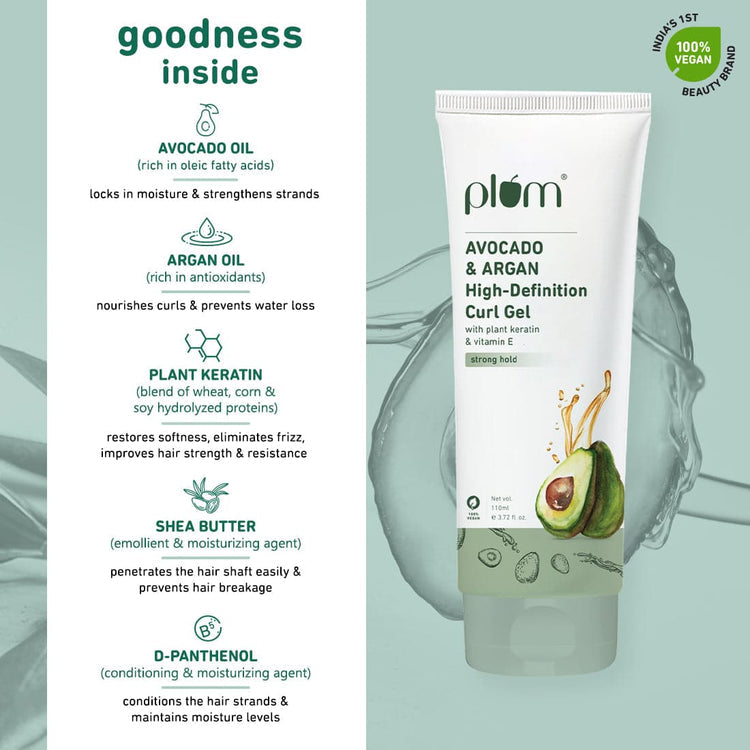 Plum Avocado & Argan High-Definition Curl Gel | Contains Avocado Oil, Argan Oil, Plant Keratin, Pro Vitamin B5 & Vitamin E | For wavy & curly hair - 110ml