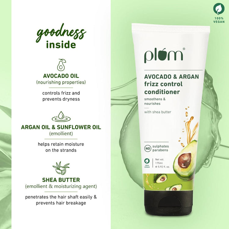 Plum Avocado & Argan Frizz Control Conditioner | With Avocado Oil, Argan Oil, Aloe Vera | For Curly, Wavy, Frizzy Hair | Silicone-Free and Paraben- Free | 100% vegan