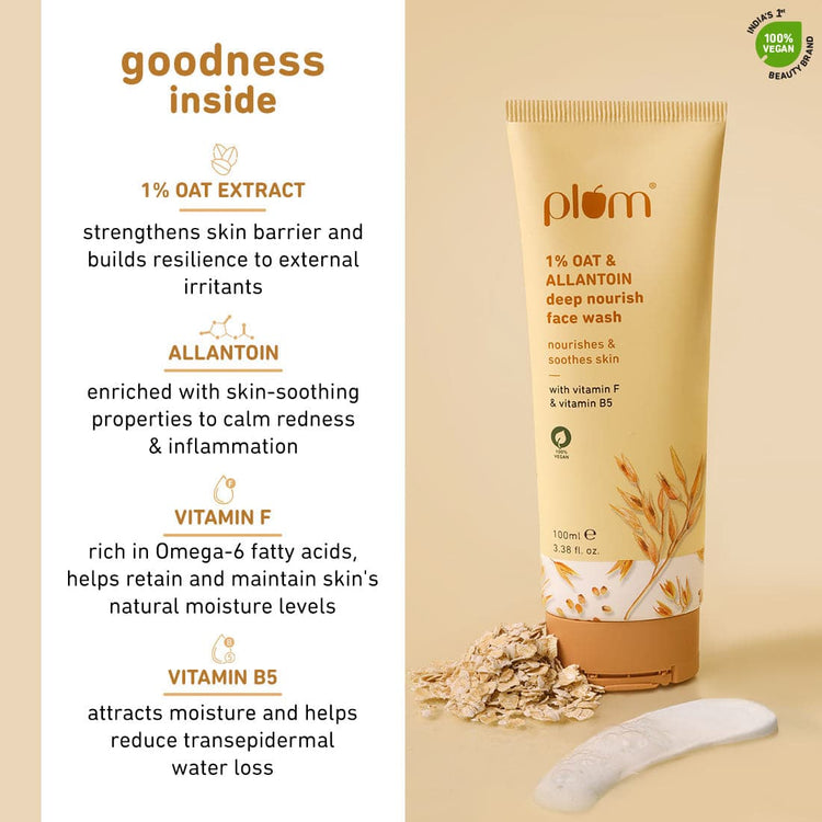 Plum 1% Oat & Allantoin Deep Nourish Face Wash | Nourishes, Soothes & Protects Skin | Restores Skin Barrier | Non-drying & Creamy Cleanser | With Vitamin F & B5 | 100% Vegan |100ml
