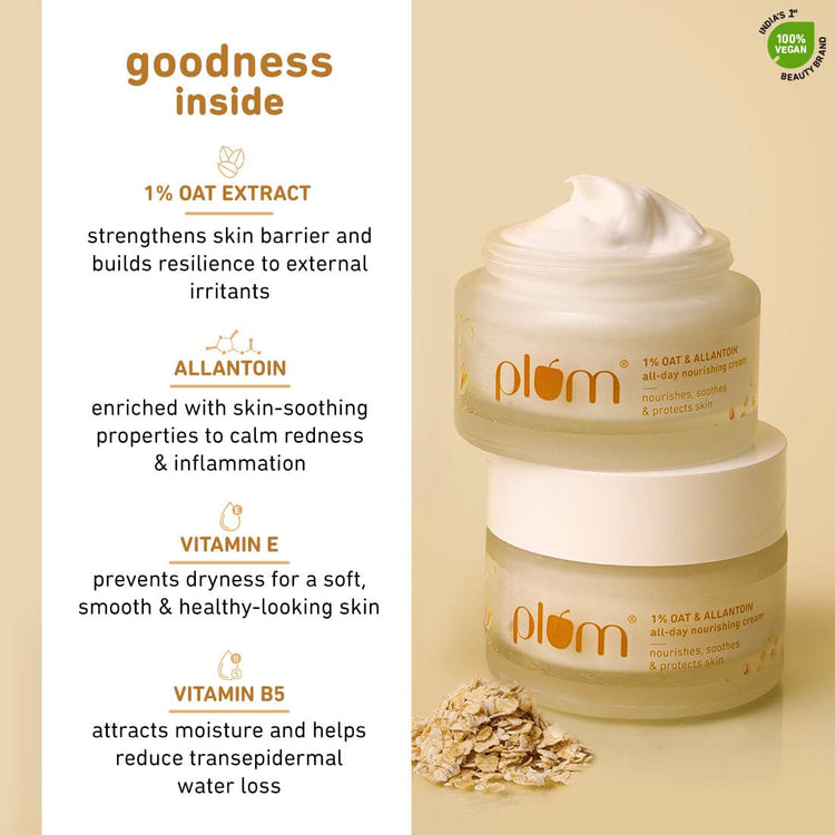 Plum 1% Oat & Allantoin All-day Nourishing Cream | Soothes, Nourishes & Protects Skin | Strengthens Skin Barrier | Moisturizes & Hydrates | With Vitamin E & B5 | 100% Vegan
| 50g
