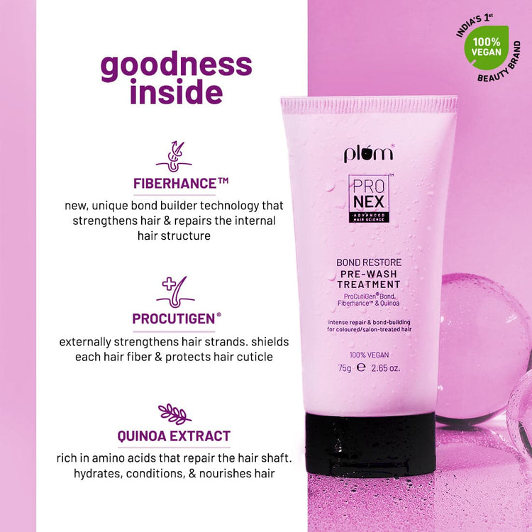 Plum ProNexᵀᴹ Bond Restore Pre-wash Treatment | With Patented Technology - Fiberhanceᵀᴹ, Procutigen® Bond & Quinoa Extract | Strengthens Damaged Hair Bonds, Deep Fiber Restoration - 75gm