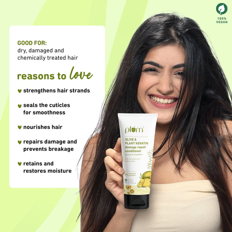 Plum Olive & Plant Keratin Damage Repair Conditioner | Hydrates & Conditions Hair | Contains Olive Oil, Plant Keratin, Macadamia Oil & Shea Butter| For Dry, Damaged, Chemically Treated Hair |Silicone-Free | Paraben-Free| 100% Vegan