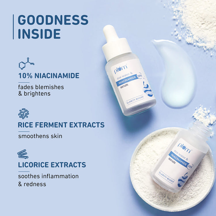 Plum 10% Niacinamide Face Serum with Rice Water | For Clear, Blemish-Free, Bright Skin | Suits All Skin Types | Fragrance Free | 30ml