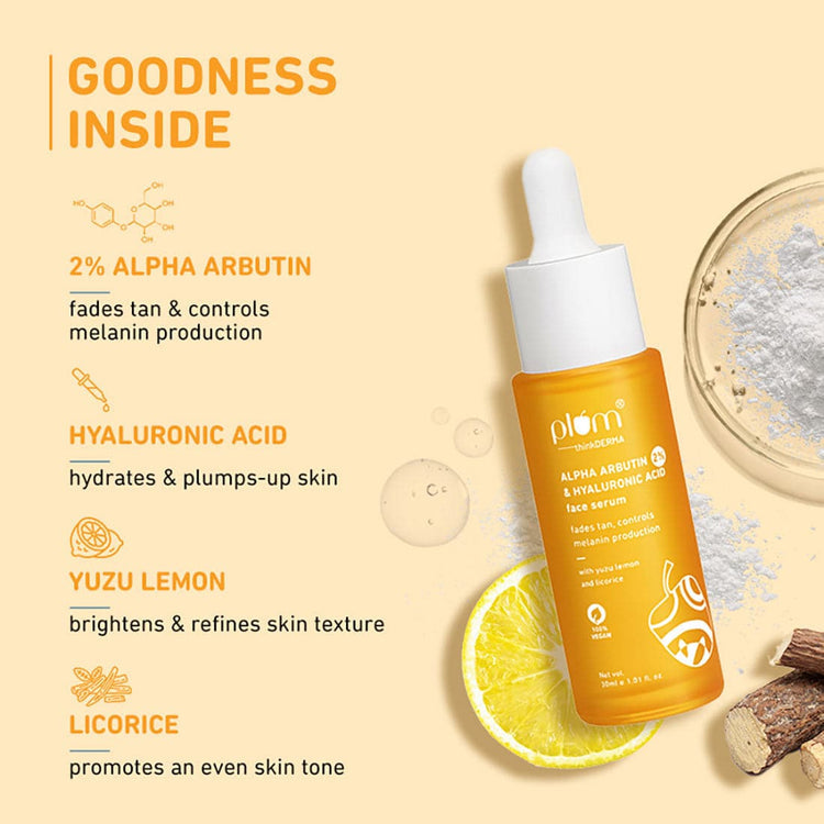 Plum thinkDERMA 2% Alpha Arbutin & Hyaluronic Acid Face Serum | Fades Tan | Brightens Skin | Controls Melanin Production | With Yuzu Lemon & Licorice | Fragrance-Free | 100% Vegan | 30ml