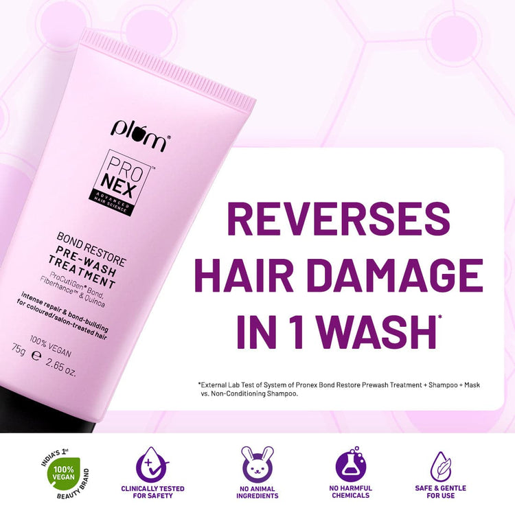 Plum ProNexᵀᴹ Bond Restore Pre-wash Treatment | With Patented Technology - Fiberhanceᵀᴹ, Procutigen® Bond & Quinoa Extract | Strengthens Damaged Hair Bonds, Deep Fiber Restoration - 75gm