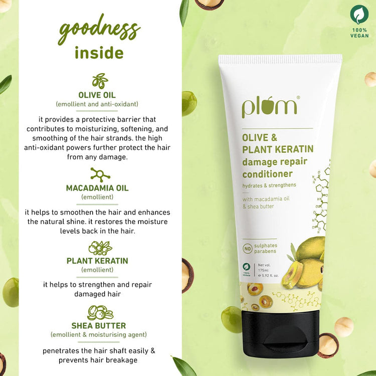 Plum Olive & Plant Keratin Damage Repair Conditioner | Hydrates & Conditions Hair | Contains Olive Oil, Plant Keratin, Macadamia Oil & Shea Butter| For Dry, Damaged, Chemically Treated Hair |Silicone-Free | Paraben-Free| 100% Vegan
