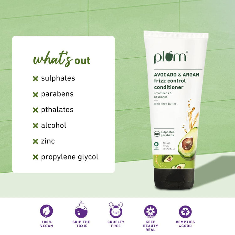 Plum Avocado & Argan Frizz Control Conditioner | With Avocado Oil, Argan Oil, Aloe Vera | For Curly, Wavy, Frizzy Hair | Silicone-Free and Paraben- Free | 100% vegan