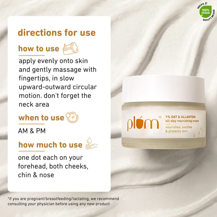 Plum 1% Oat & Allantoin All-day Nourishing Cream | Soothes, Nourishes & Protects Skin | Strengthens Skin Barrier | Moisturizes & Hydrates | With Vitamin E & B5 | 100% Vegan
| 50g