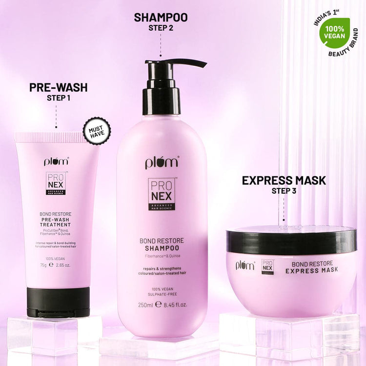 Plum ProNexᵀᴹ Bond Restore Pre-wash Treatment | With Patented Technology - Fiberhanceᵀᴹ, Procutigen® Bond & Quinoa Extract | Strengthens Damaged Hair Bonds, Deep Fiber Restoration - 75gm