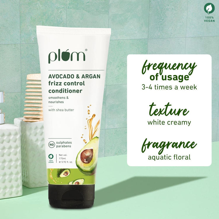 Plum Avocado & Argan Frizz Control Conditioner | With Avocado Oil, Argan Oil, Aloe Vera | For Curly, Wavy, Frizzy Hair | Silicone-Free and Paraben- Free | 100% vegan