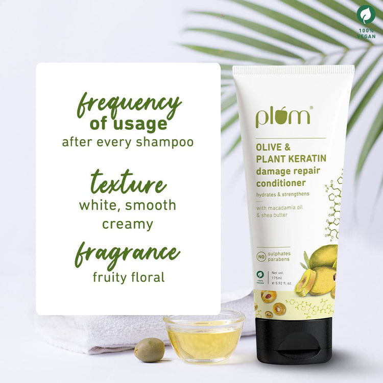 Plum Olive & Plant Keratin Damage Repair Conditioner | Hydrates & Conditions Hair | Contains Olive Oil, Plant Keratin, Macadamia Oil & Shea Butter| For Dry, Damaged, Chemically Treated Hair |Silicone-Free | Paraben-Free| 100% Vegan