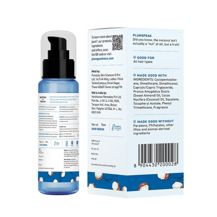 Plum Coconut & Squalane Nutri-Shine Hair Serum | Contains coconut oil, squalane, almond oil | Paraben-Free | 75ml