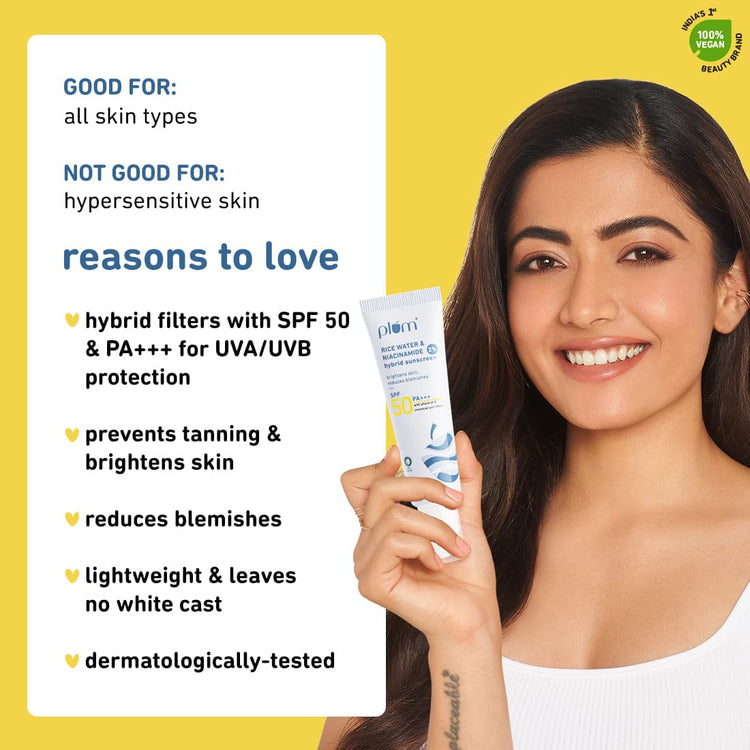Plum 2% Niacinamide & Rice Water SPF 50 PA+++ Hybrid Sunscreen | 50g