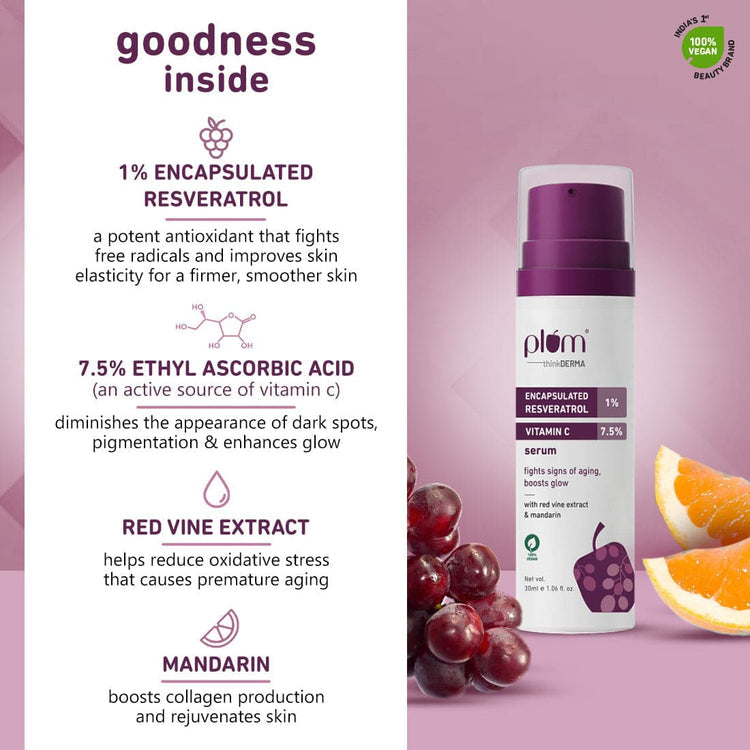 thinkDERMA 1% Encapsulated Resveratrol & 7.5% Vitamin C Face Serum | Fights Signs of Aging | Boosts Glow | Improves Collagen Production & Elasticity | Lightweight & Quick-absorbing | 100% Vegan | 30ml