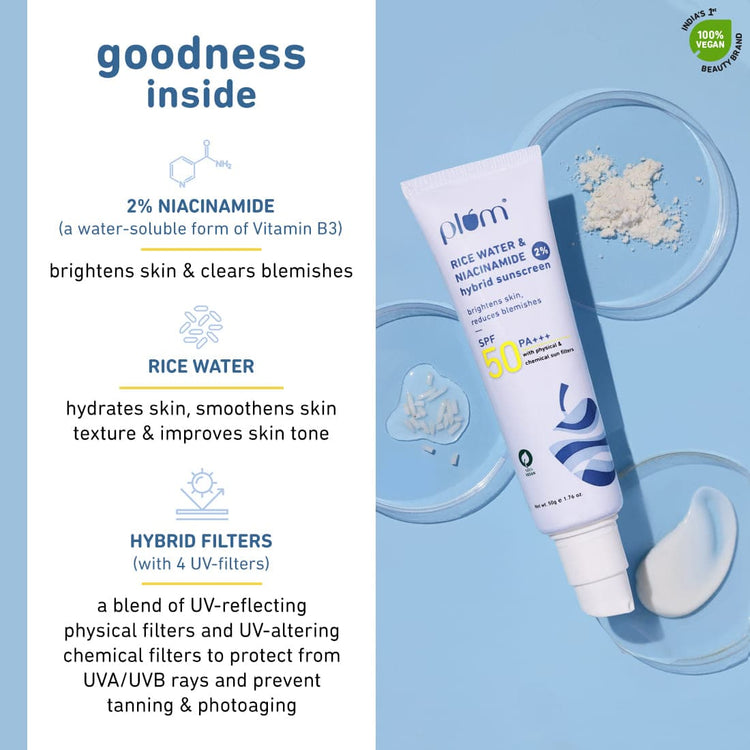 Plum 2% Niacinamide & Rice Water SPF 50 PA+++ Hybrid Sunscreen | 50g