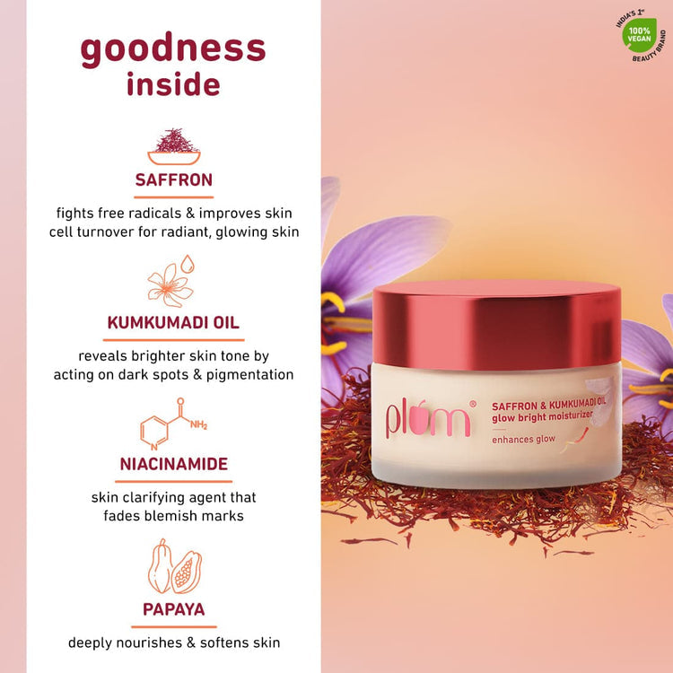 Plum Saffron & Kumkumadi Oil Glow Bright Moisturizer | With SPF 35 | UVA & UVB Protection | All Skin Types | 100% Vegan | 50G
