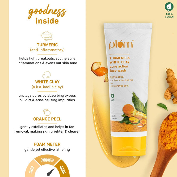 Plum Turmeric & White Clay Acne Action Face Wash | Non-Drying, Sulphate-Free Face Wash | For All Skin Types | 100% Vegan
| 100ml