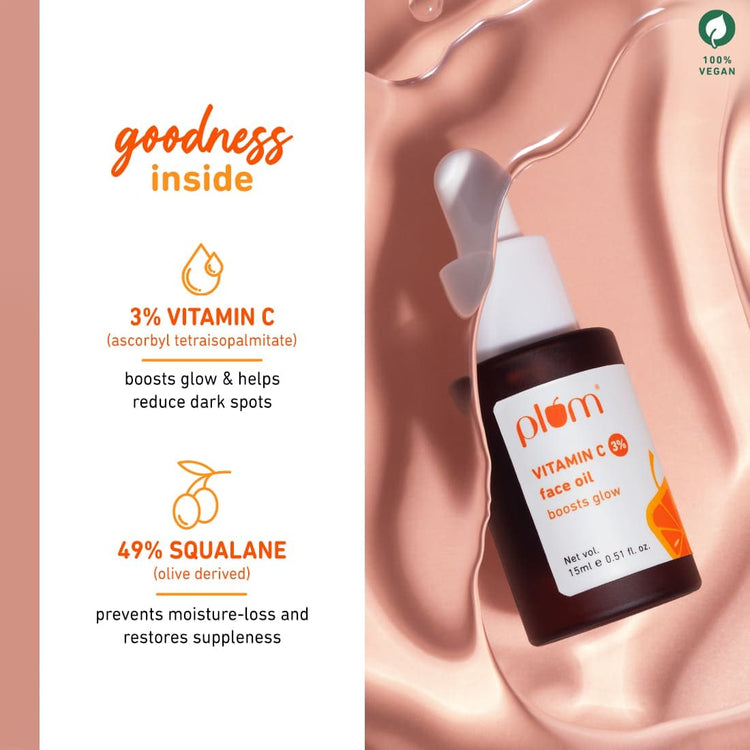 Plum 3% Vitamin C Face Oil with 49% Squalane | For All Skin Types | For All Seasons | Fragrance-Free | 100% Vegan