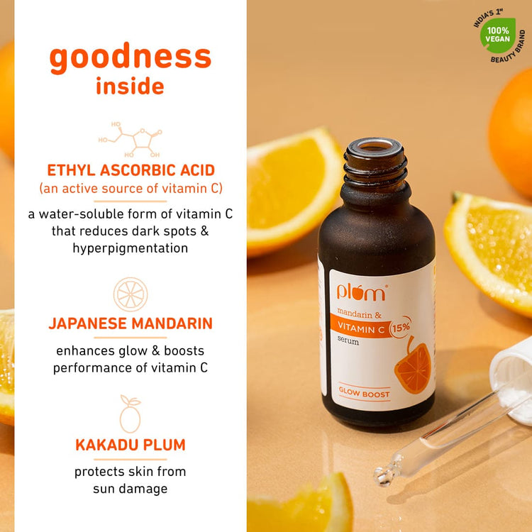 Plum 15% Vitamin C Serum with Mandarin | For Glowing Skin | For Hyperpigmentation & Dull Skin | Fragrance-Free | 15ml