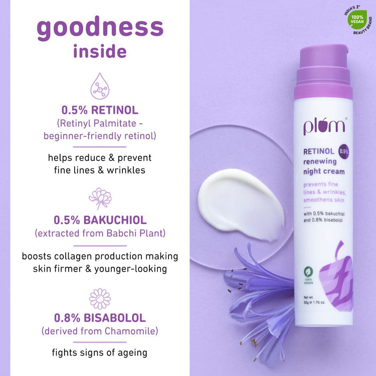 Plum 0.5% Retinol Anti-Ageing Night Cream | With 0.5% Bakuchiol & 0.8% Bisabolol | 100% Vegan & Fragrance-Free | 50 gm