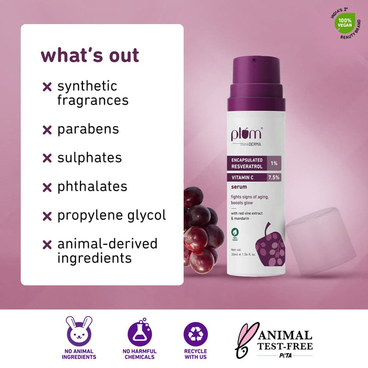 thinkDERMA 1% Encapsulated Resveratrol & 7.5% Vitamin C Face Serum | Fights Signs of Aging | Boosts Glow | Improves Collagen Production & Elasticity | Lightweight & Quick-absorbing | 100% Vegan | 30ml