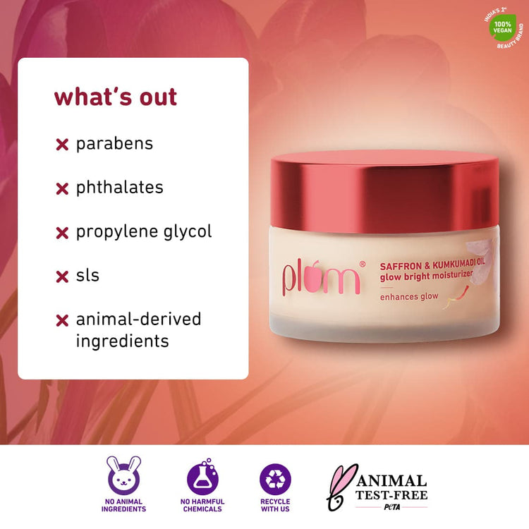 Plum Saffron & Kumkumadi Oil Glow Bright Moisturizer | With SPF 35 | UVA & UVB Protection | All Skin Types | 100% Vegan | 50G