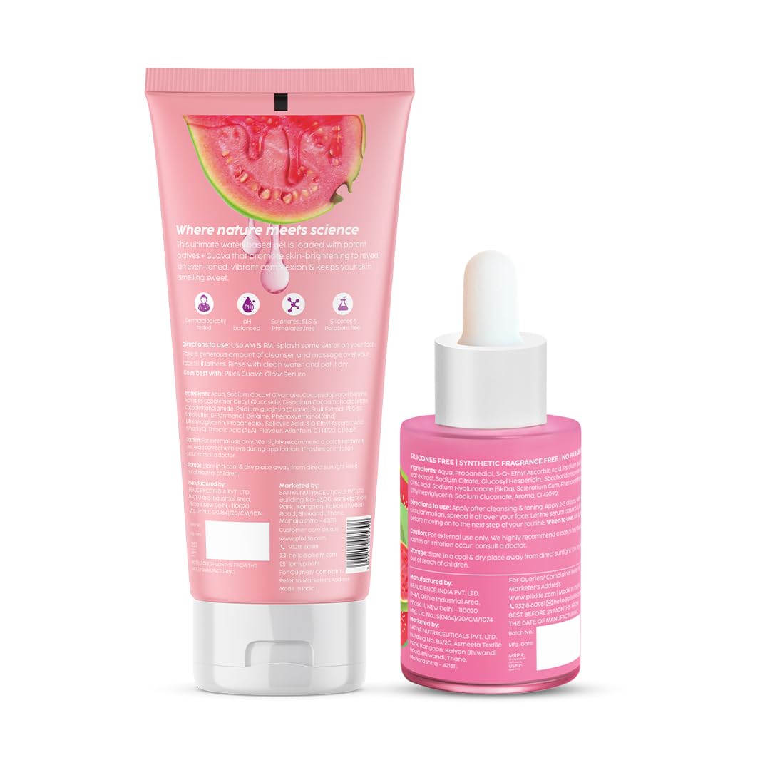 PLIX - THE PLANT FIX Vitamin C Guava Combo, Juicy Cleanser 100ml and Face Serum 20 ml For Skin Brightening, With Pro Vitamin B5 For Moisturization & Alpha Lipoic Acid, Pentavitin Skincare Regimen