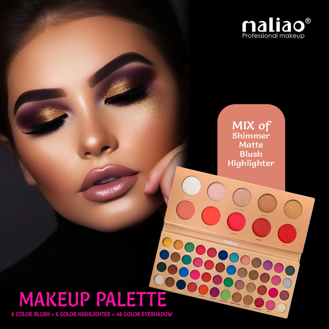 Maliao All-In-One Eyeshadow Palette Pro - 58 Colors With 5 Blush, 5 Highlighter, 48 Eyeshadows