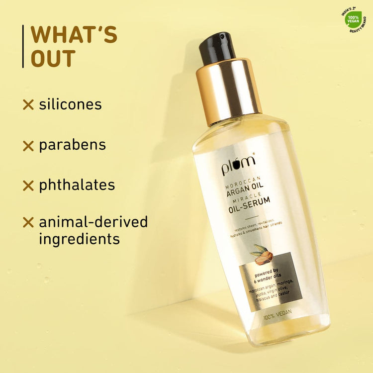 Plum Moroccan Argan Oil Miracle Oil-Serum | For Hair & Scalp | 6 Wonder Oils- Moroccan Argan, Moringa, Jojoba, Virgin Olive, Hibiscus & Castor | 100ml