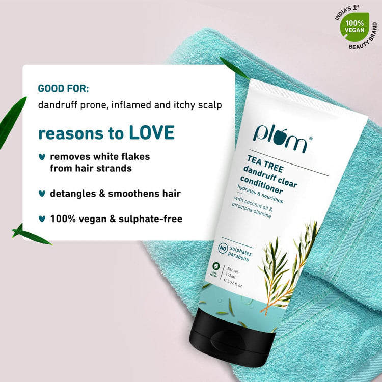 Plum Tea Tree Dandruff Clear Conditioner | With Tea Tree Oil & Coconut Oil | Removes Dandruff Flakes From Hair Strands, Detangles & Smoothens Hair | Silicone-Free | Paraben-Free| 100% Vegan