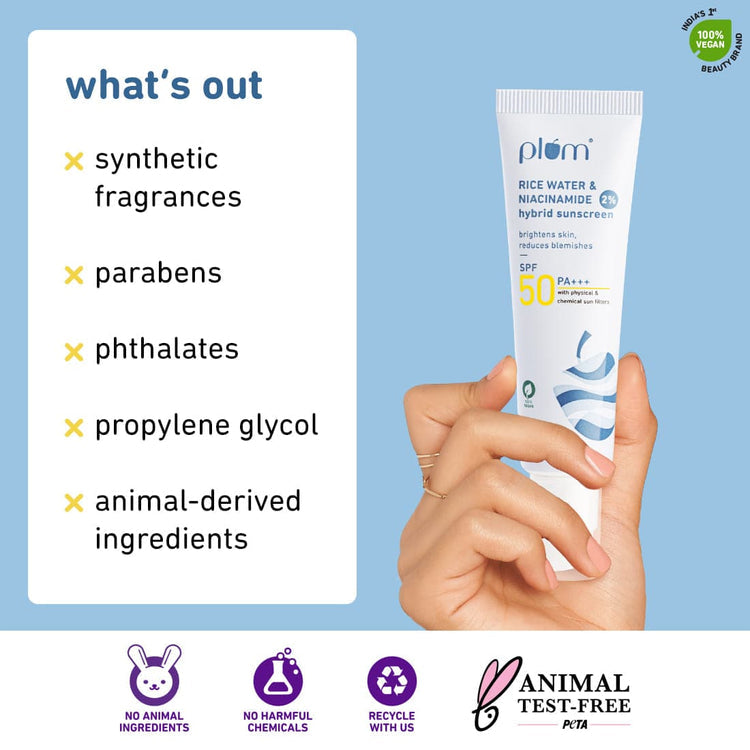 Plum 2% Niacinamide & Rice Water SPF 50 PA+++ Hybrid Sunscreen | 50g