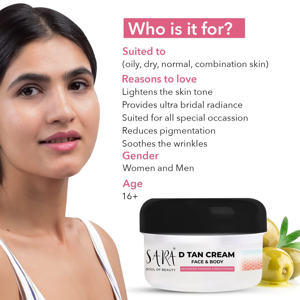 Sara D-Tan® Face & Body Cream For Instant Glowing Skin & De- Tan removal For All Skin Types, 330 gm